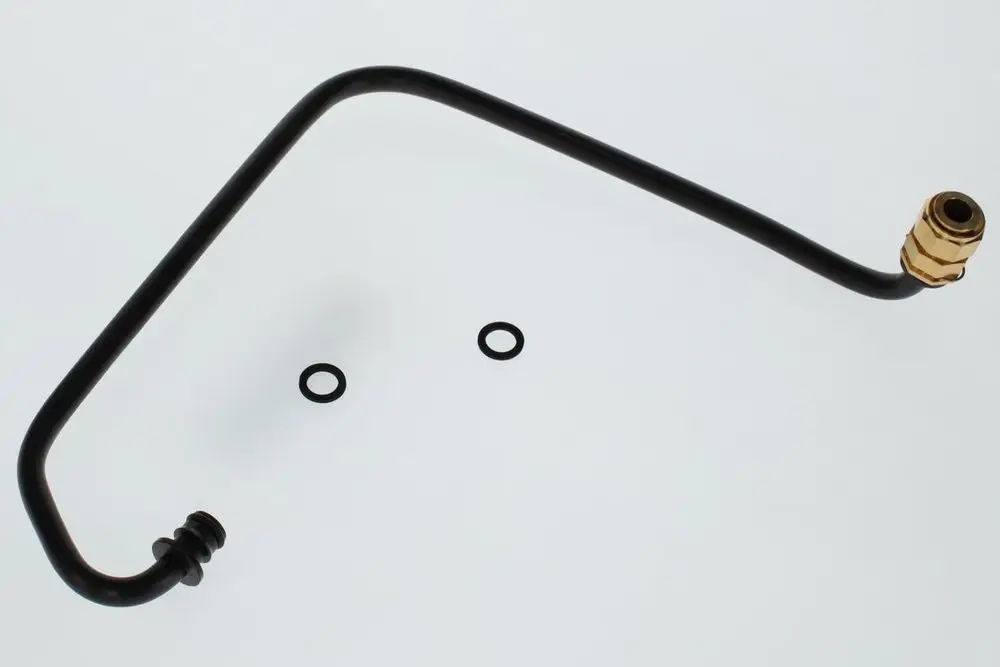 Rohranschluss von Bosch mit einem gebogenen Metallrohr und zwei O-Ringen, geeignet für Verbindung in einem hydraulischen System.
